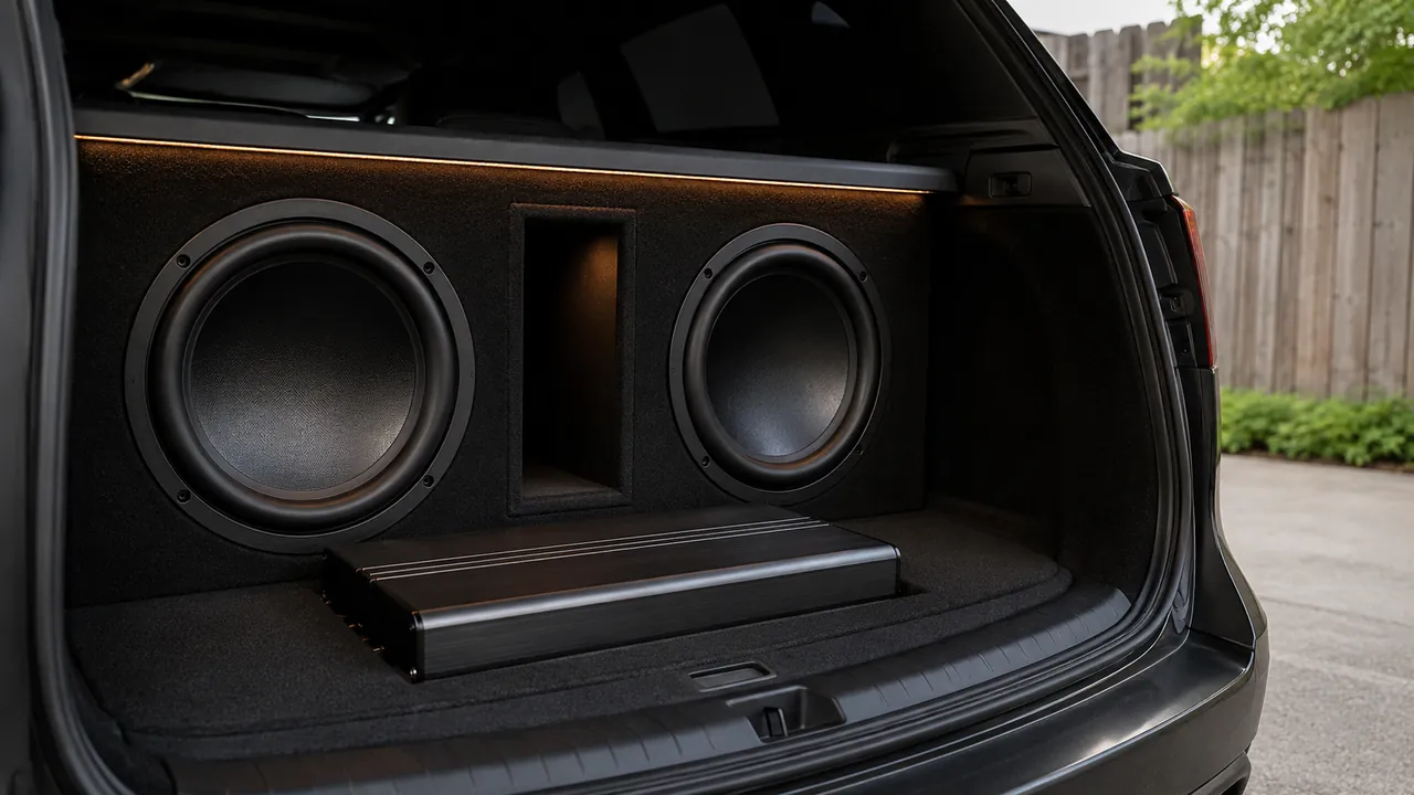 Subwoofers installed in an open vehicle trunk