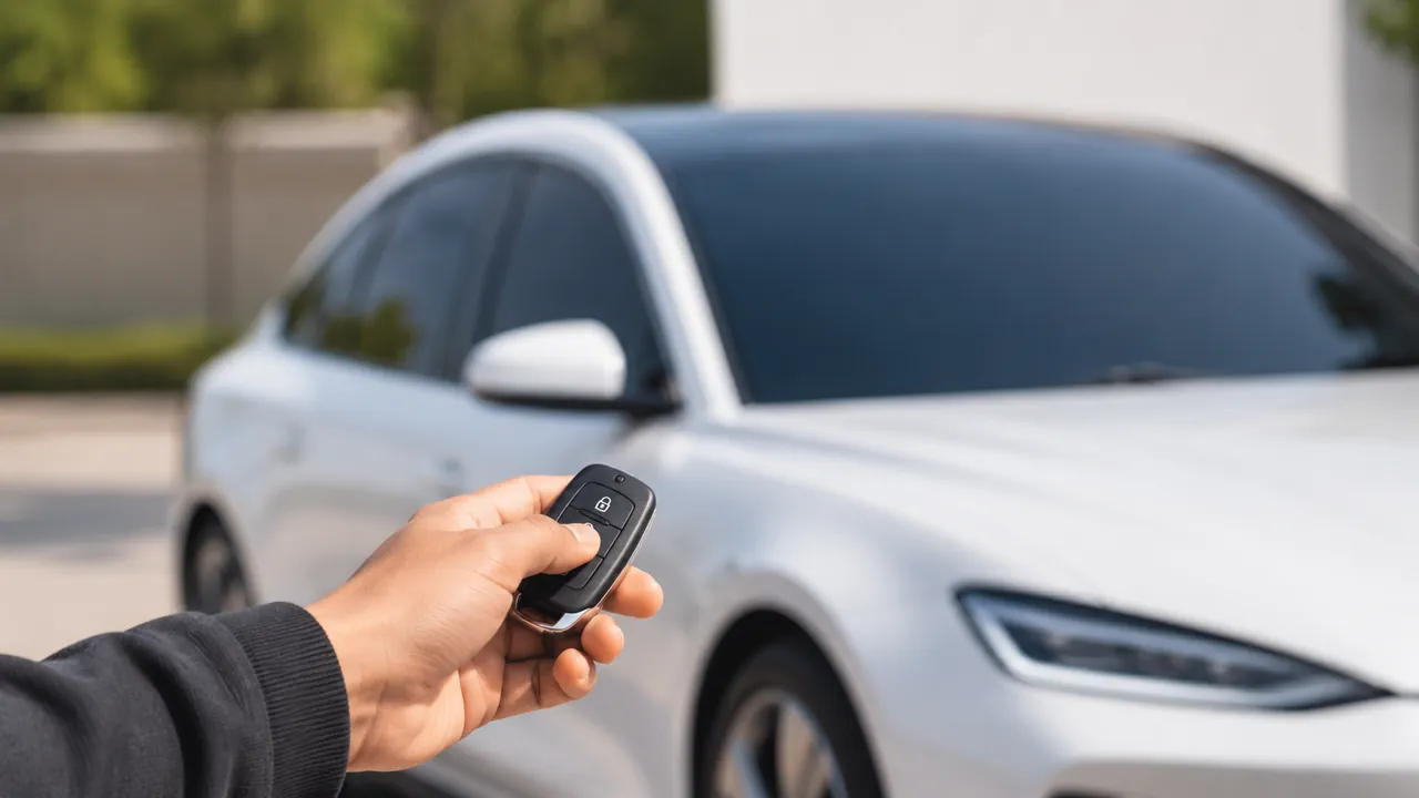 Hand pressing a key fob remote with a sedan in the background