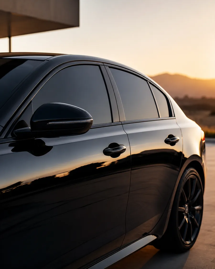 Black sedan with dark window tint at sunset